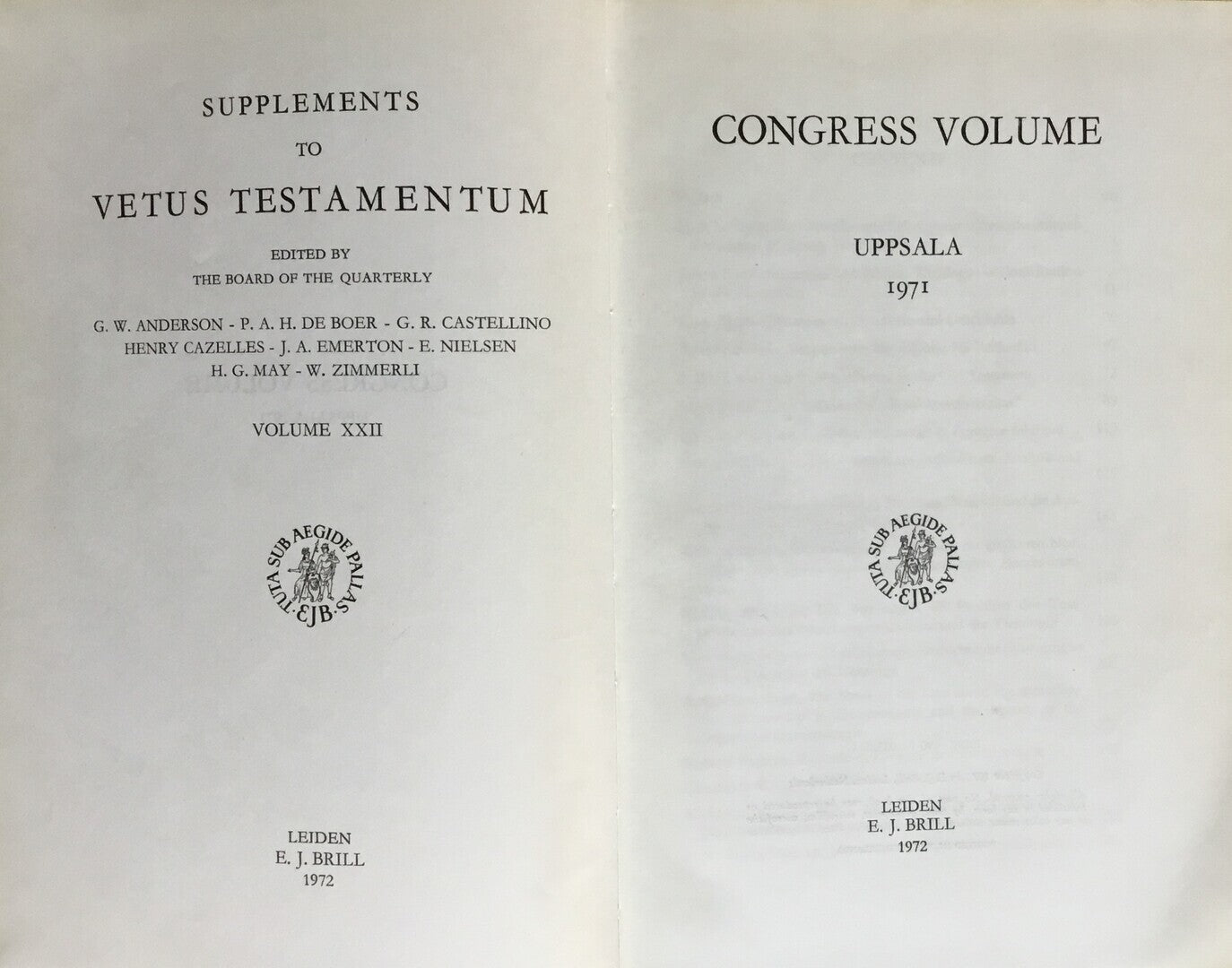 Congress Volume Uppsala 1971. Supplements to Vetus Testamentum, Volume XXII.