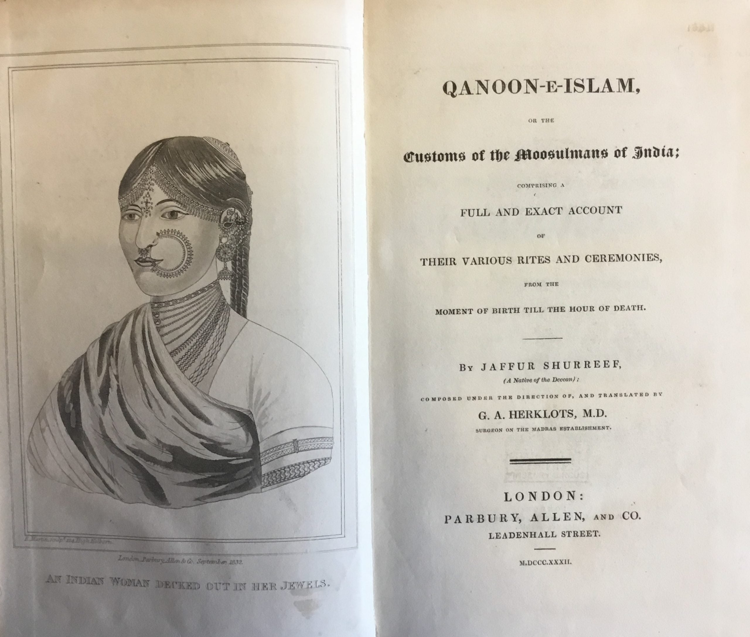 Qanoon-e-Islam. Or the customs of the Moosulmans of India; comprising a full & exact account of their various rites & ceremonies, from the moment of birth till the hour of death.