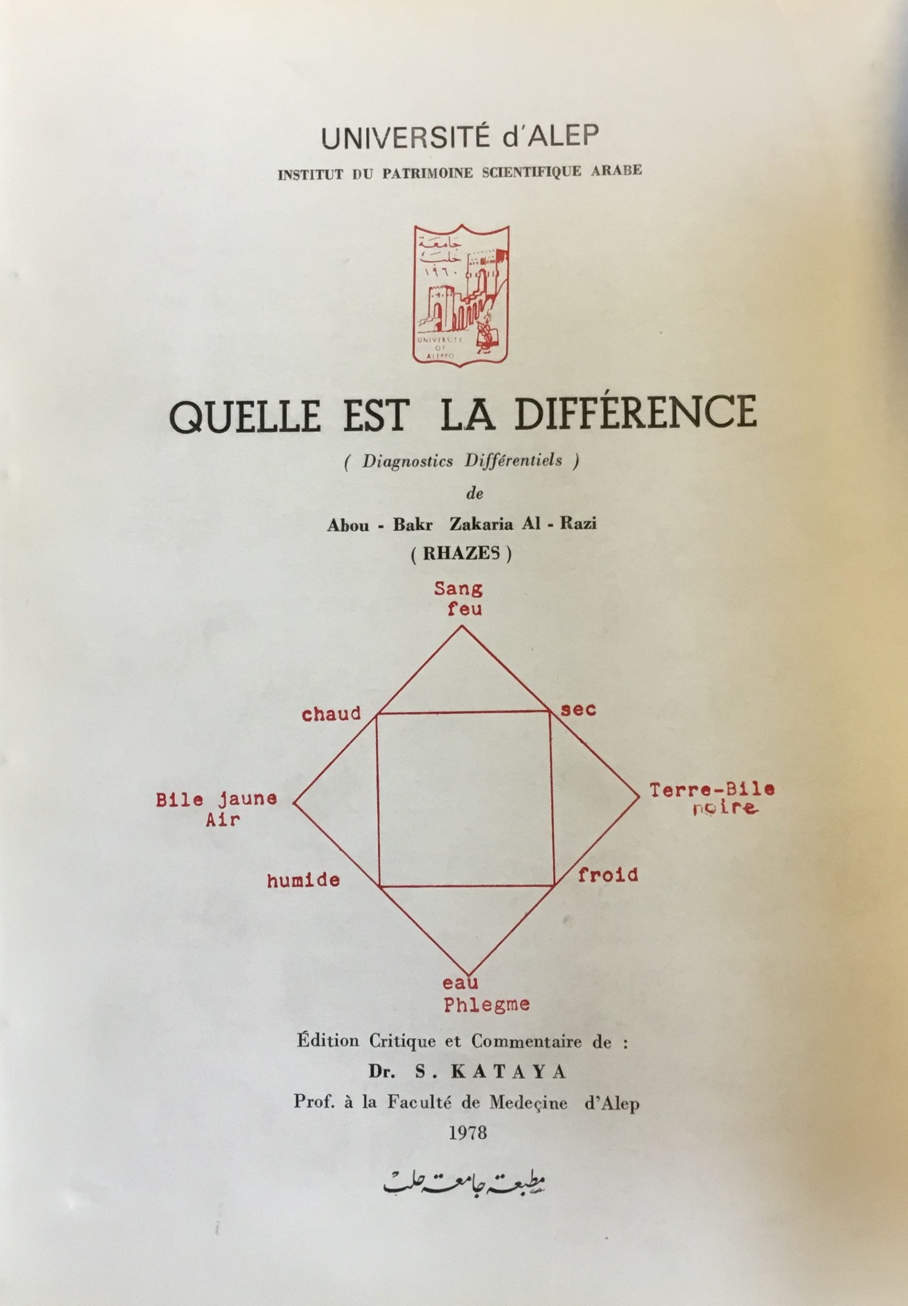 Quelle est la Difference (Diagnostics Differentials). Kitab Ma al Fariq aw al-Furuq aw Kalam fi al-Furuq Bayn al-Amrad.