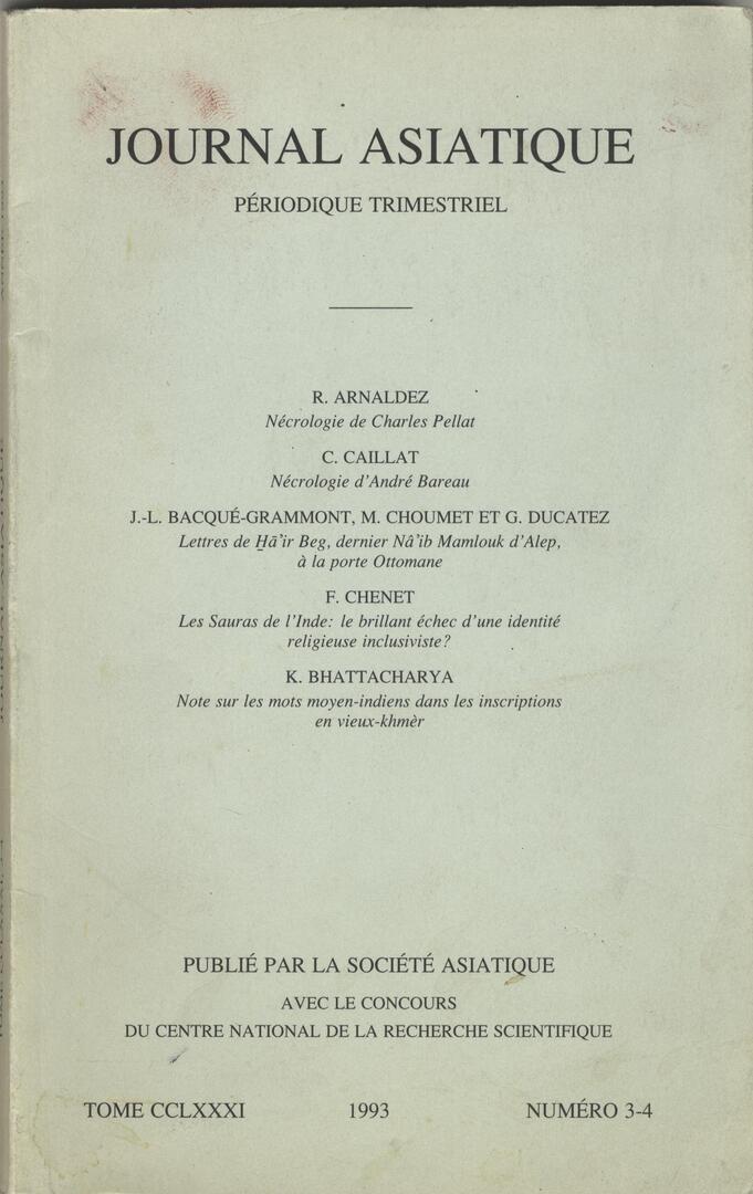 Journal Asiatique Periodique Trimestriel Tome CCLXXXI, 1993.