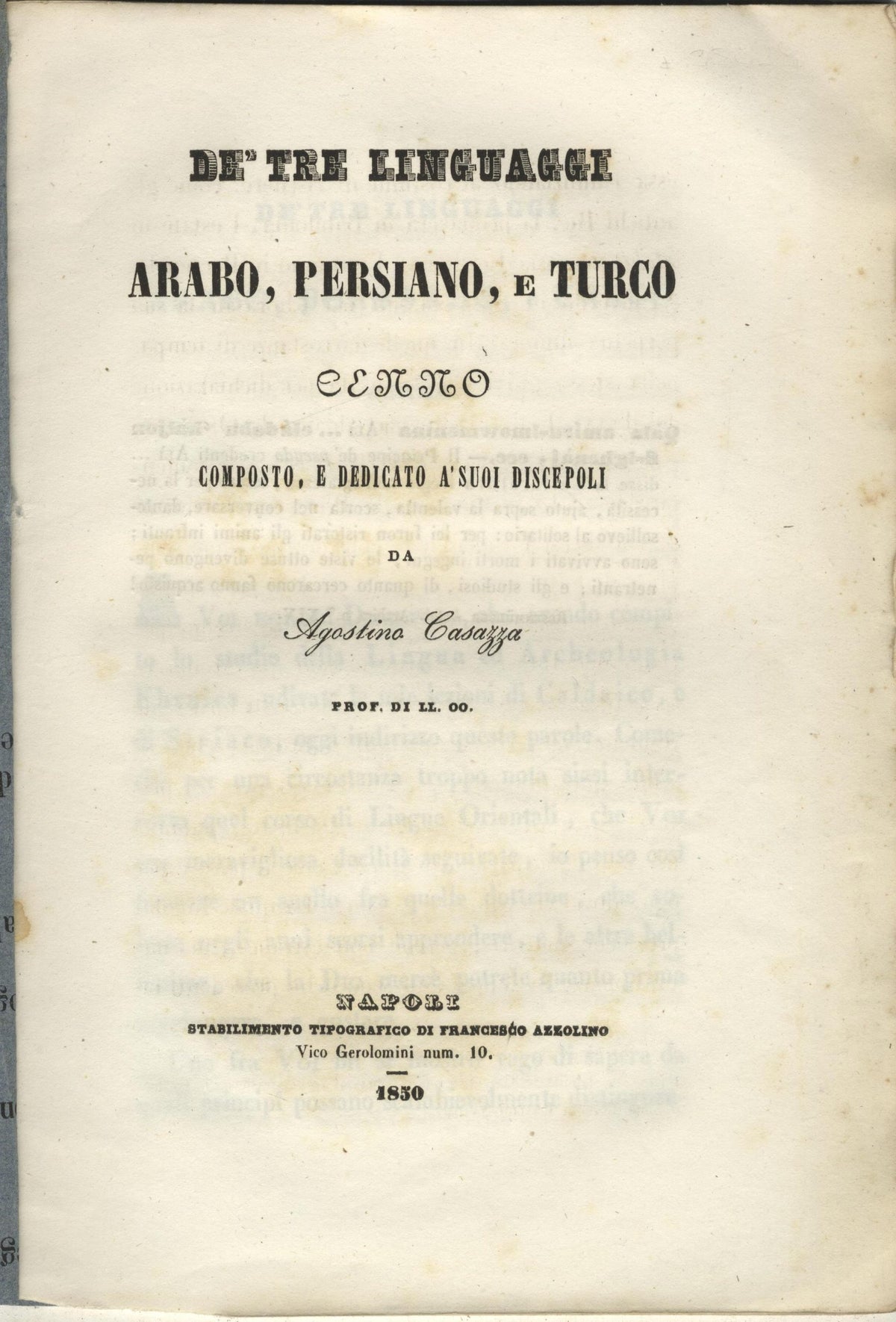 De' tre linguaggi arabo, persiano e turco Cenno.