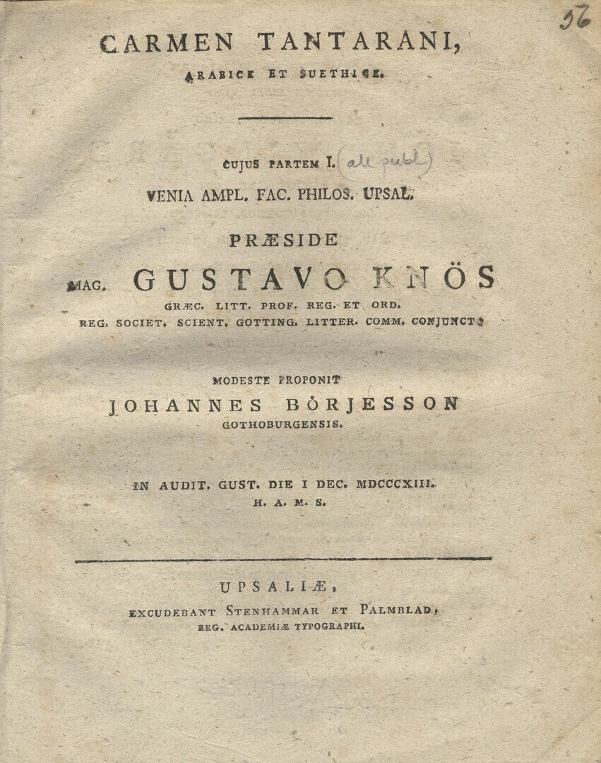 Carmen Tantarani, Arabice et Suethice.  Part I (all published).