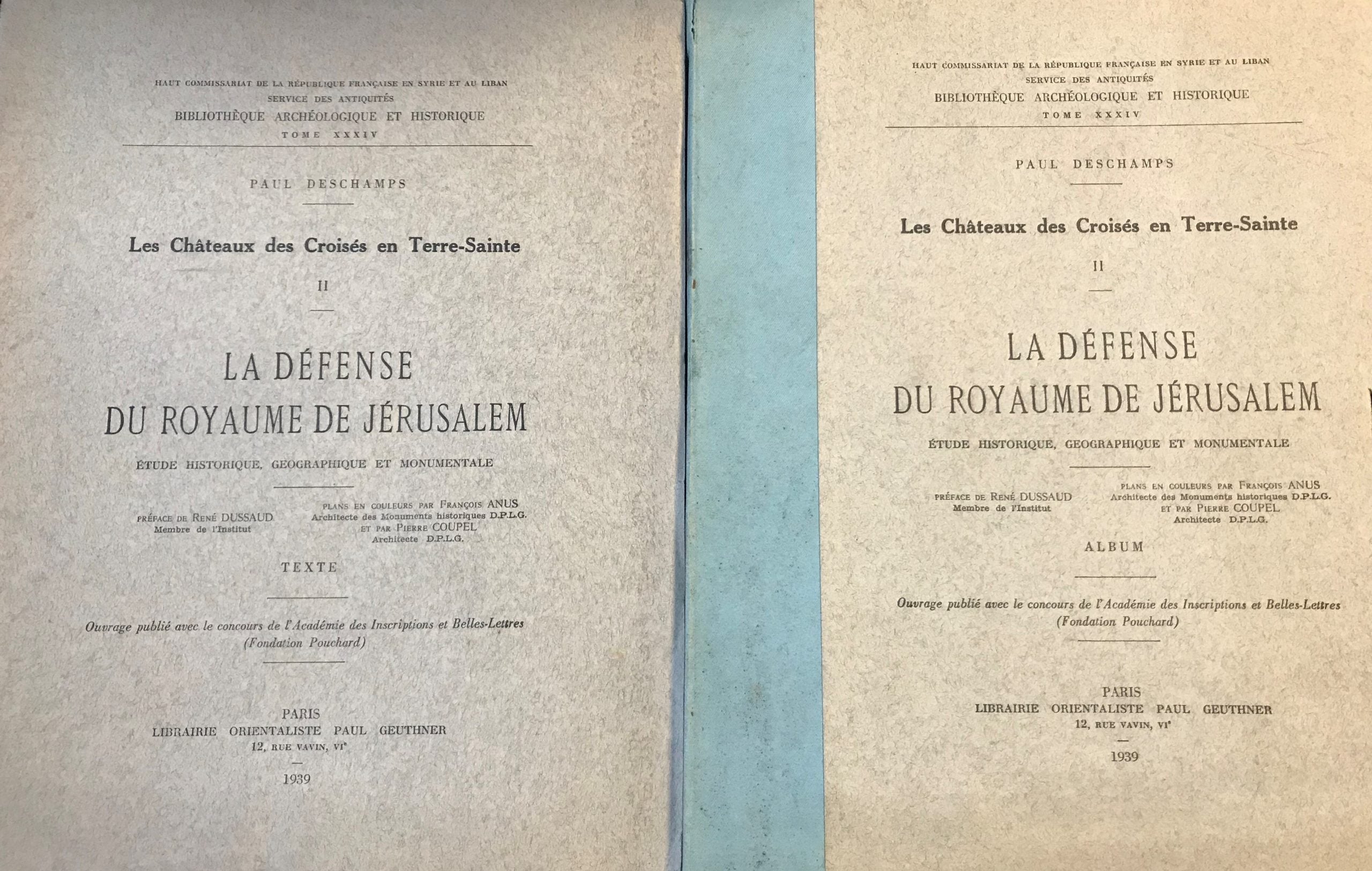 Les Chateaux des Croises en Terre-Sainte II. La Defense du Royaume de Jerusalem. Etude Historique, Geographique et Monumentale. TWO VOLUMES, TEXT & ALBUM.