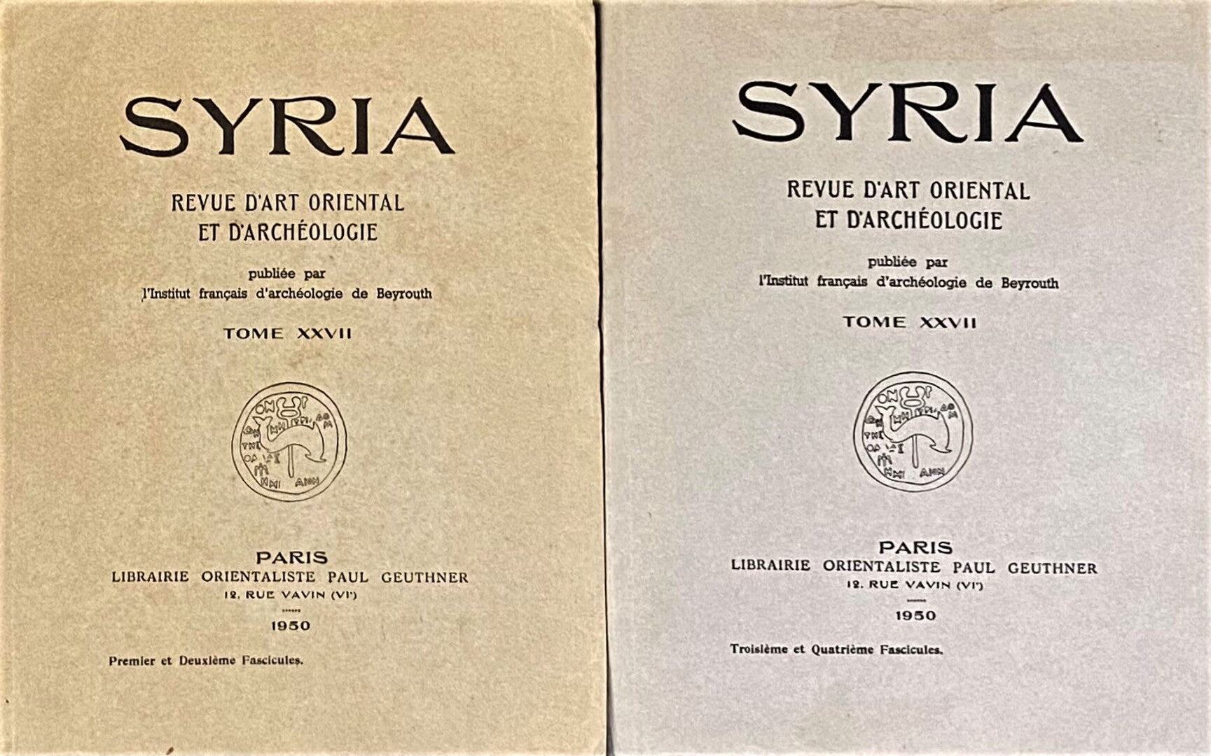 Syria. Revue d’Art Oriental et d’Archéologie Tome XXVII, 1950. FOUR FASCICULES IN TWO VOLUMES - COMPLETE SET.