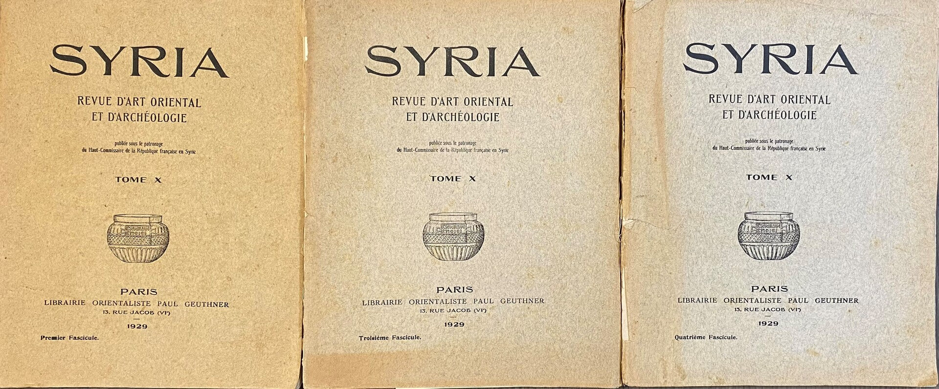 Syria. Revue d’Art Oriental et d’Archéologie Tome X, 1929. Fascicules 1 & 3. Two Fascicules of Four.