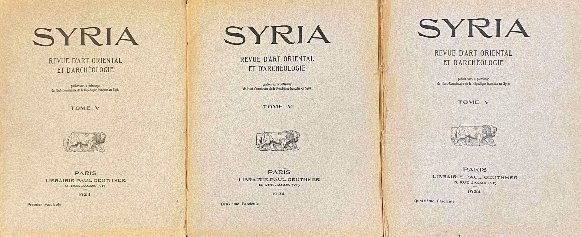 Syria. Revue d’Art Oriental et d’Archéologie Tome V, 1924. Fascicules 1, 2 & 4. Three Fascicules of Four.
