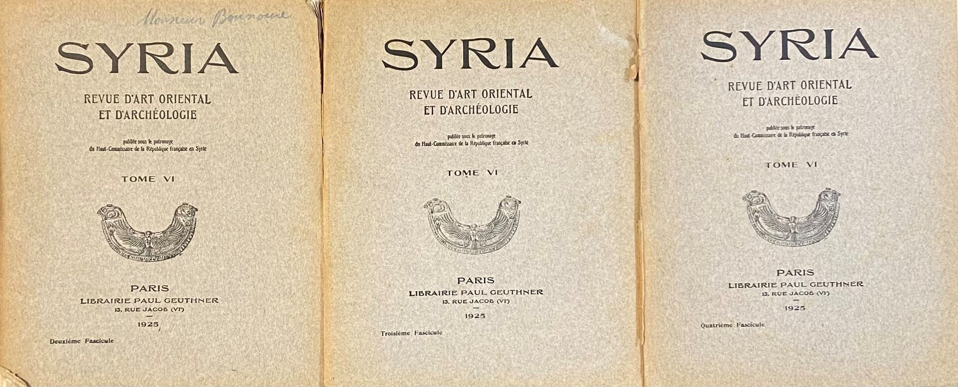 Syria. Revue d’Art Oriental et d’Archéologie Tome VI, 1925. Fascicules 2, 3, & 4. Three Fascicules of Four.