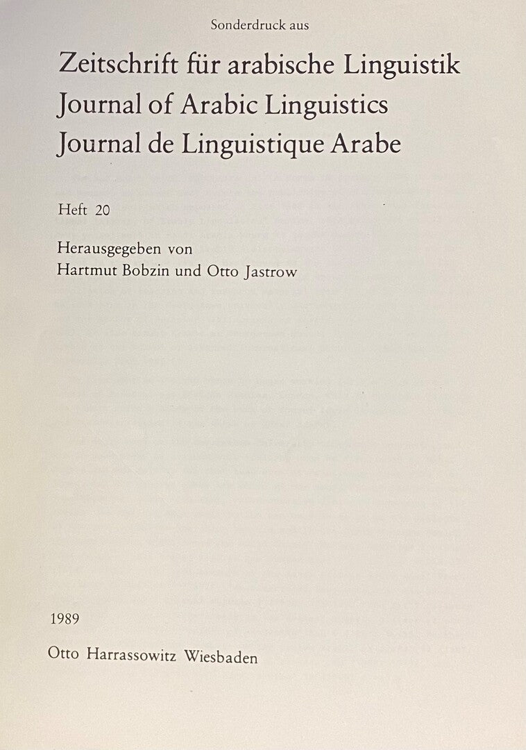 Zeitschrift fur arabische linguistik. Journal of Arabic Linguistic, Heft 20, 1989. In Memoriam Theodore Prochazka.