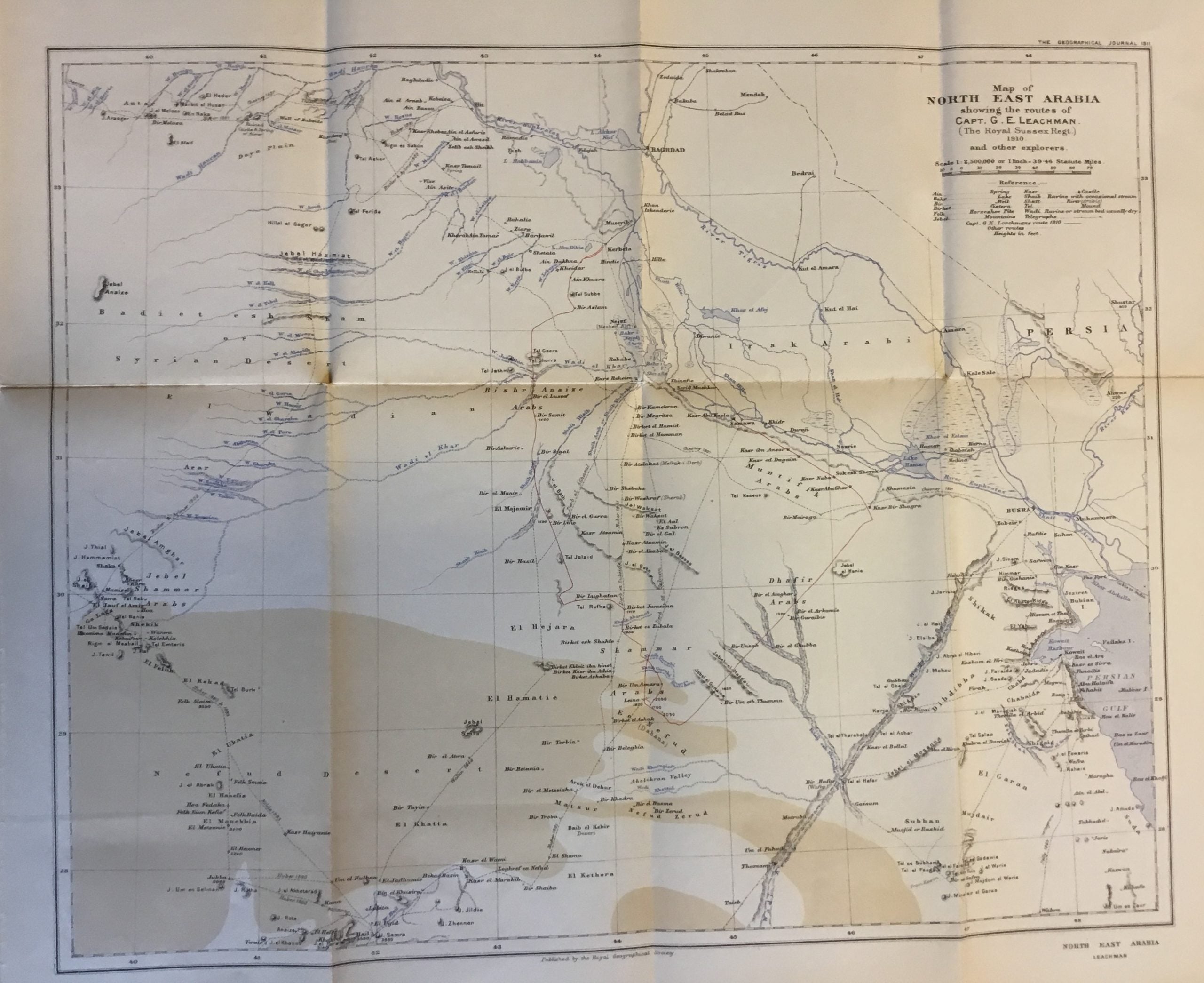 Map of North East Arabia Showing the Routes of Captain G. E. Leachman (The Royal Sussex Regiment) 1910 and other explorers.