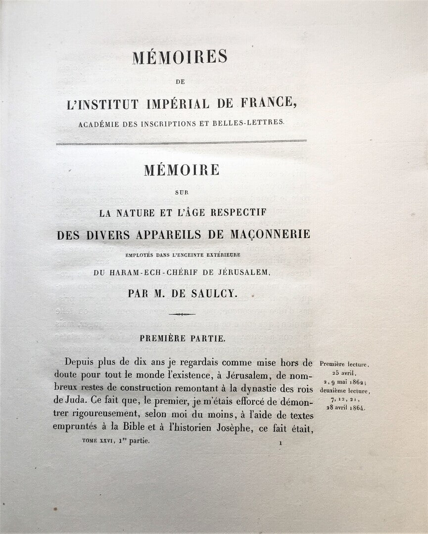 Mémoire sur la Nature et l’Age respectif des divers appareils de maçonnerie employés dans l’enceinte extérieure du Haram-Ech-Chérif de Jérusalem + Mémoire sur les monuments d’Aaraq-El-Emyr. TWO PARTS IN ONE VOLUME.